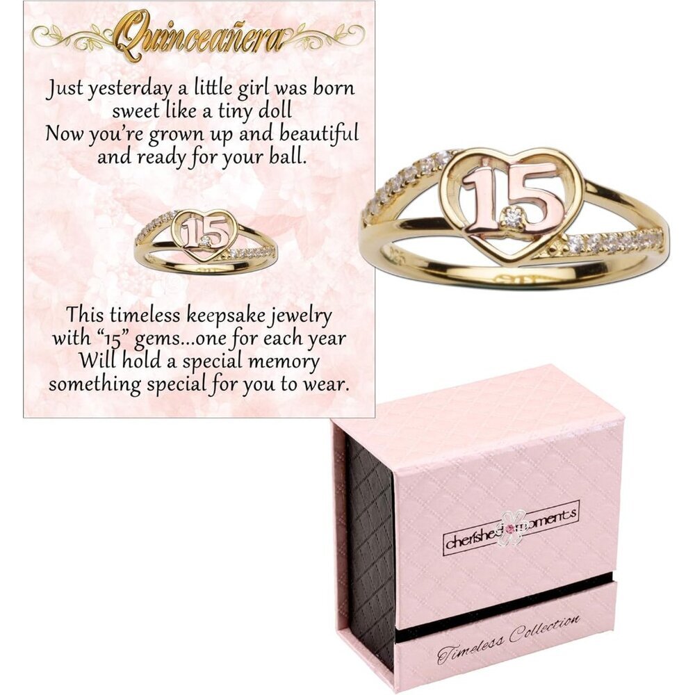 14K Gold-Plated Sterling Silver Heart & Tiara Ring for Quinceañera, Size 7, 15 C - Picture 2 of 4